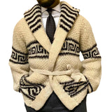 Lilideco Autumn Winter Men Thicken Jacquard Knitted Cardigan Coat Vintage Turndown Collar With Waistband Thick Needle Sweater Streetwear