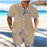 Lilideco Summer Mens Cotton Linen Two Piece Set Contrast Color Short Sleeve Lapel Shirts And Shorts Loose Suits Hawaiian Beach Outfits