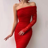 Lilideco Sexy Diagonal Collar Wrap Mesh One Shoulder Sleeve Waist Solid Party Wedding Guest Dress