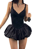 Lilideco valentines day outfits Women's Black Short Ball Gown Sleeveless V Mini Dress Sexy Backless A-Line High Waist Lady Lace Black Dresses Y2K Romantic New