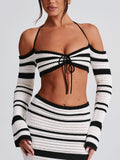 Lilideco Outfit Sexy Knitted Sweater Women Set  New Striped Long Sleeved Hanging Collar Skirt Two-piece Set Party Vacation Beachwear