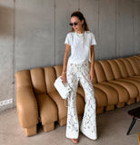 Lilideco valentines day outfits White Lace Flower Jacquard Sheer Flared Trousers Woman Hollow Out Pants Vintage Trouser Y2k Holiday Vacation Street 2025 Summer