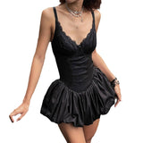 Lilideco valentines day outfits Women Pleated Bubble V-Neck Super Mini Lace Dress Y2k Ruffles Puffy Sweet Short Dresses Black Cute A-line French Romantic Chic