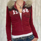 Lilideco American Y2K letter embroidered cardigan zipper high quality burgundy oversized hoodies women winter new street casual tops