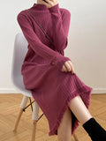 Lilideco Long Sleeves Loose Fringed Solid Color Mock Neck Midi Dresses Sweater Dresses