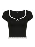 Lilideco Bow Accent Lace-Trim Plain Slim-Fit Crop Top