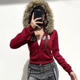 Lilideco American Y2K letter embroidered cardigan zipper high quality burgundy oversized hoodies women winter new street casual tops