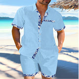 Lilideco Summer Mens Cotton Linen Two Piece Set Contrast Color Short Sleeve Lapel Shirts And Shorts Loose Suits Hawaiian Beach Outfits