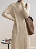 Lilideco Long Sleeves Loose Fringed Solid Color Mock Neck Midi Dresses Sweater Dresses