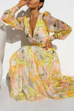 Lilideco Abstract Floral Balloon Sleeves Maxi Dress