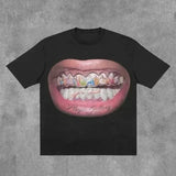 Lilideco T Shirt Y2K Short Sleeve Tops Harajuku Hip Hop Retro Teeth Graphic Print Oversized TShirt Mens Womens Round Neck Cotton Clothes