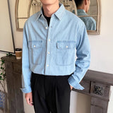 Lilideco American Vintage Men's Denim Shirt Safari Style Double Pocket Lapel Long Sleeve Top Spring Autumn Fashion Streetwear Shirts Male