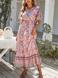 Lilideco Bohemia Floral Print Vintage Casual V-neck Ruffles Maxi Dress