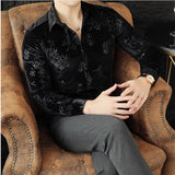 Lilideco Korean Style Elastic Velvet Shirt For Men Spring  Autumn Long Sleeve Slim Fit Tops Fashion Vintage Shirts Barber Nightclub