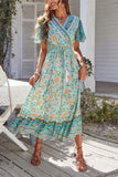 Lilideco Bohemia Floral Print Vintage Casual V-neck Ruffles Maxi Dress