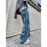 Lilideco Blue hole design high street popular high waisted jeans men y2k baggy hip hop fashion trend straight wide leg pants  vintage