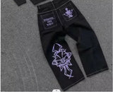 Lilideco Streetwear Retro Jeans Y2K Clothes Harajuku Hip Hop Cartoon Embroidery Baggy Jeans Black Pants Men Women Low Waist Slim Trousers