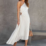 Lilideco Summer One Shoulder Irregular Fashion Sexy Party Hollow Pleated Maxi Dress