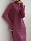 Lilideco Long Sleeves Loose Fringed Solid Color Mock Neck Midi Dresses Sweater Dresses