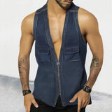 Lilideco Vintage Patchwork Jean Tank Tops Men Slim Fit Sleeveless Denim V-neck zipper Shirts Summer Fashion Sexy Vest Male Streetwear