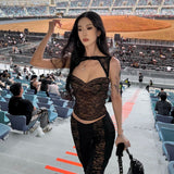 Lilideco valentines day outfits Summer Chic Hollow Out Y2k Black Corset Crop Top Tanks Korean Sexy Lace Cropped Vest Tops Women Streetwear Backless Camis