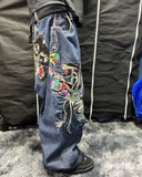 Lilideco Streetwear Jeans Y2K Harajuku Hip Hop Rock Graphic Print Retro Blue Baggy Jeans Mens Womens New Low Waist Wide Leg Trousers