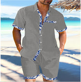 Lilideco Summer Mens Cotton Linen Two Piece Set Contrast Color Short Sleeve Lapel Shirts And Shorts Loose Suits Hawaiian Beach Outfits