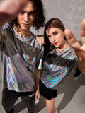 Lilideco Men's Metallic Holo Graphic T Shirt Round Neck Drop Shoulder Short Sleeve Tee