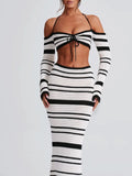 Lilideco Outfit Sexy Knitted Sweater Women Set  New Striped Long Sleeved Hanging Collar Skirt Two-piece Set Party Vacation Beachwear