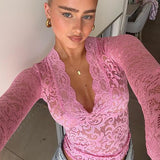 Lilideco valentines day outfits Sexy Lace Y2K Crop Top Long Sleeve Tops T-Shirts Black See Through T-shirt Cropped Tees Street Ins Basic Shirts 2025 Summer New