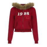 Lilideco American Y2K letter embroidered cardigan zipper high quality burgundy oversized hoodies women winter new street casual tops