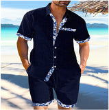 Lilideco Summer Mens Cotton Linen Two Piece Set Contrast Color Short Sleeve Lapel Shirts And Shorts Loose Suits Hawaiian Beach Outfits