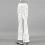 Lilideco valentines day outfits White Lace Flower Jacquard Sheer Flared Trousers Woman Hollow Out Pants Vintage Trouser Y2k Holiday Vacation Street 2025 Summer