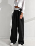 Lilideco Asymmetrical Contrast Waistband Wide Leg Dress Pants