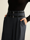 Lilideco Double-Belt Pleated Straight Pants