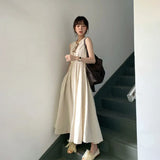 Lilideco-Romantic French style Cold Feeling Japan fashion Sleeveless Apricot Dress 2023 New Women Summer Temperament Sling Long Skirt