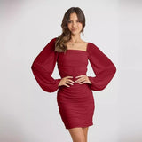 Lilideco 2024 Spring and Autumn Elegant Square Neck Lantern Long Sleeve Ruffle Bodycon Dress Stretch Slim Party Cocktail Dress