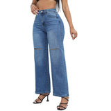 Lilideco 2024 Temperamental Ripped Denim Wide-leg Jeans Women