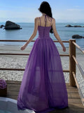Lilideco-Beautiful Purple Deep V Halter Spaghetti Straps Hollow Dress Chiffon Beach Dress Seaside Holiday Elegant Elegant Dress
