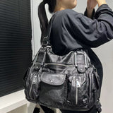 2000s fashion Women's Fashion Vintage Lychee Pattern Tote Bag Large Capacity Washed Distressed Shoulder Messenger Bag