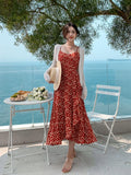 Lilideco-Lady Beach Red Floral Skirt V-neck Strap Dress Women's Summer Fancy Long Dress Seaside Holiday Beach Dress