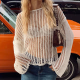 Lilideco 2024 Summer Hand Crochet Blouse Beach Hollow Vacation Knitted Sweater Women's Long-sleeved Sun Protection Shirt