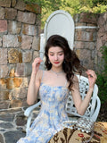 Lilideco-Blue Oil Painting Seaside Vacation Sling Long Dress