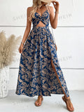 Lilideco 2024  hollow twisted halter neck printed dress temperament romantic style