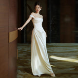 fruitful fashion dress to impress French off-Shoulder Light Wedding Dress Bride High-Grade White Simple Satin Dress Elegant Light Luxury Slim Fishtail Dress