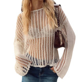 Lilideco 2024 Summer Hand Crochet Blouse Beach Hollow Vacation Knitted Sweater Women's Long-sleeved Sun Protection Shirt