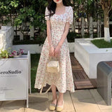 Lilideco Gentle floral dress, new French style for spring and summer, ladylike temperament, medium-length, slim waist, short-sleeved tea dress