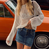 Lilideco 2024 Summer Hand Crochet Blouse Beach Hollow Vacation Knitted Sweater Women's Long-sleeved Sun Protection Shirt