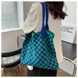 Lilideco Large capacity bag women's bag knitted shopping bag casual hand-held shoulder bag wool woven plaid all-match tote bag