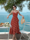 Lilideco-Lady Beach Red Floral Skirt V-neck Strap Dress Women's Summer Fancy Long Dress Seaside Holiday Beach Dress